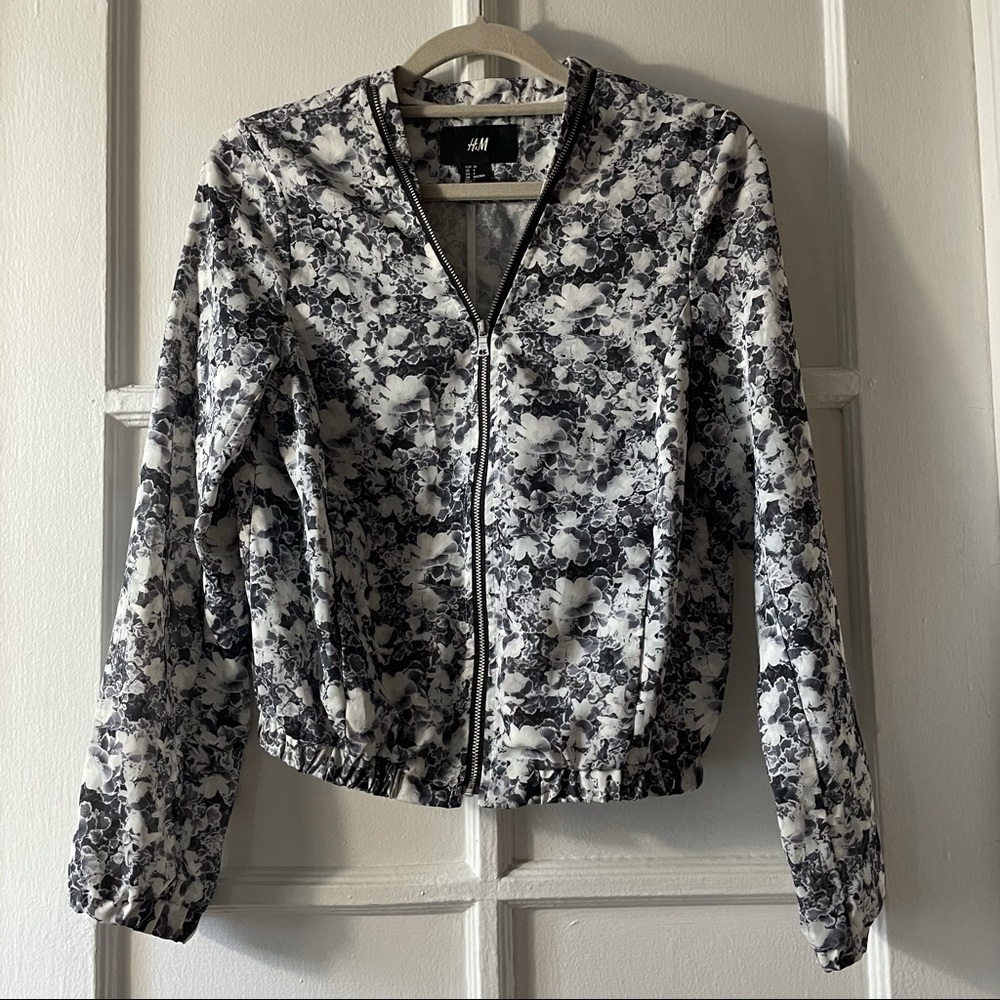 H&M lightweight floral print black bomber jacket